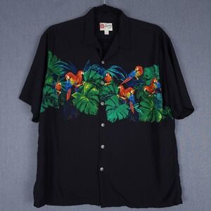 Hilo Hattie Hawaiian Shirt Mens XL Black Rayon‎ Short Sleeve Parrots Camp Collar